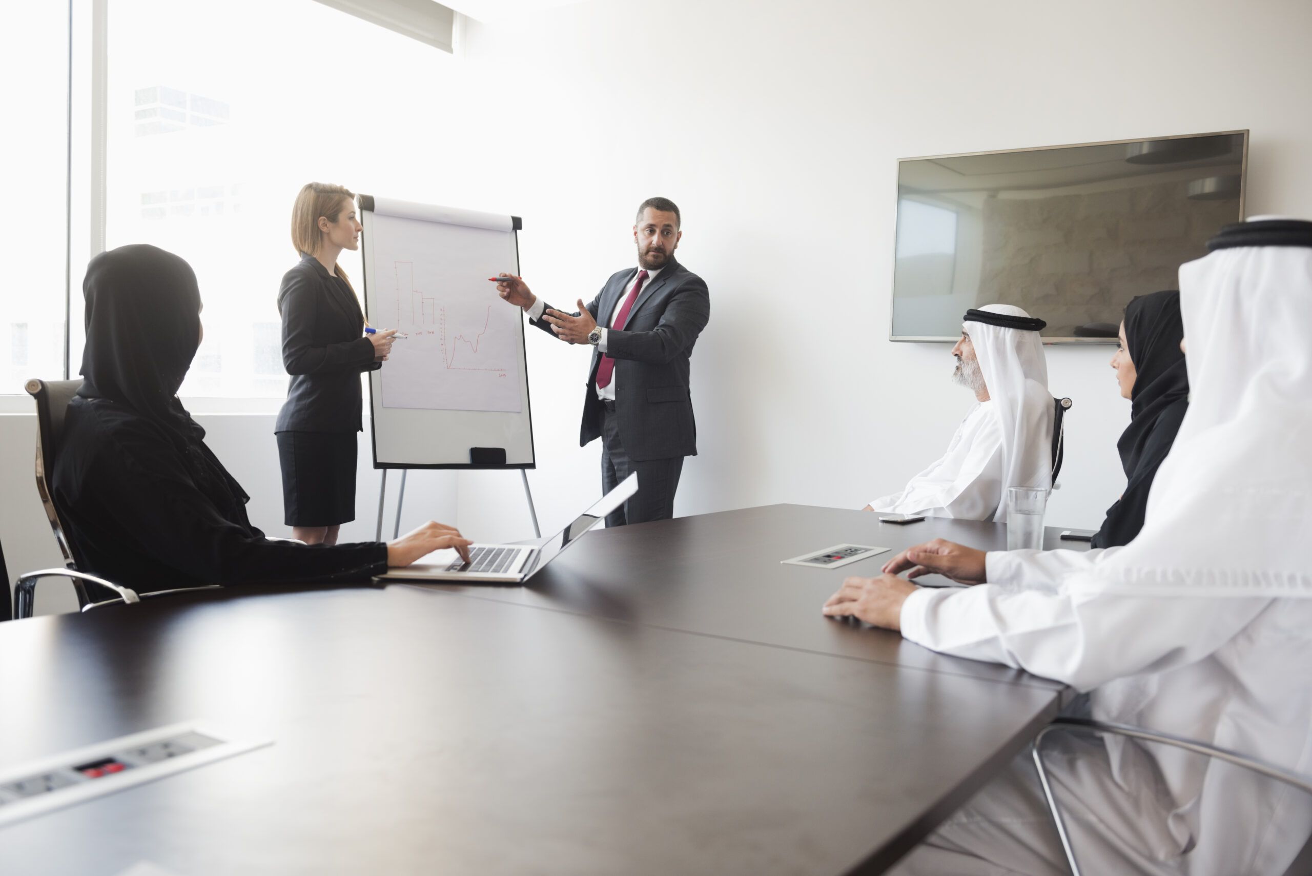 A photo of middle eastern business people giving presentation to colleagues. They are using flipchart to explain points. Arab coworkers in traditional Emirati dress are listening to them while sitting at conference table. Multi-ethnic workers are in brightly lit office.