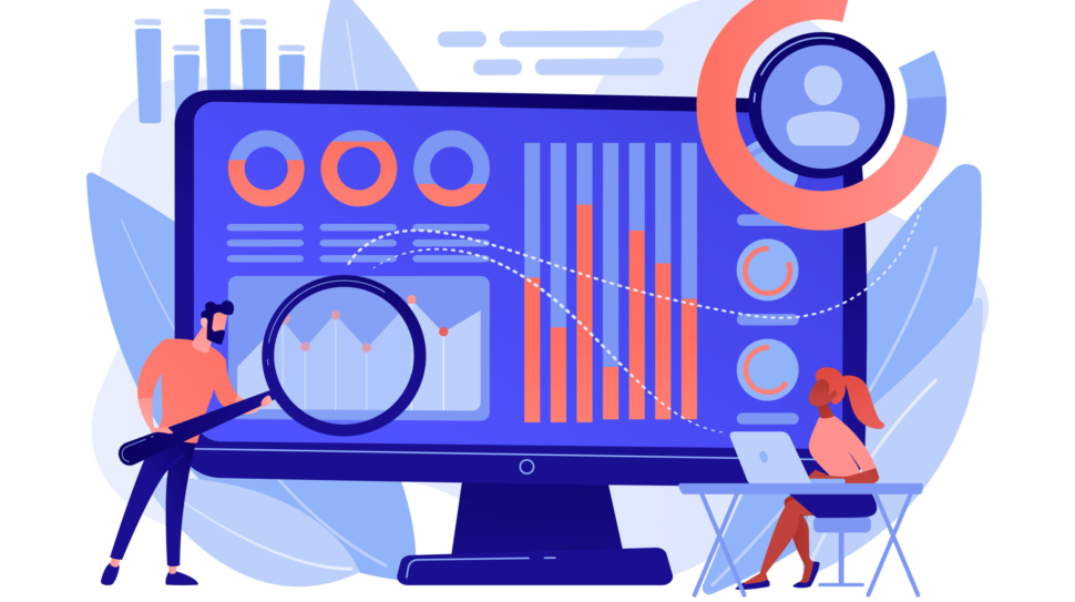 Data analyst oversees and governs income, expenses with magnifier. Financial management system, finance software, IT management tool concept. Pinkish coral bluevector isolated illustration