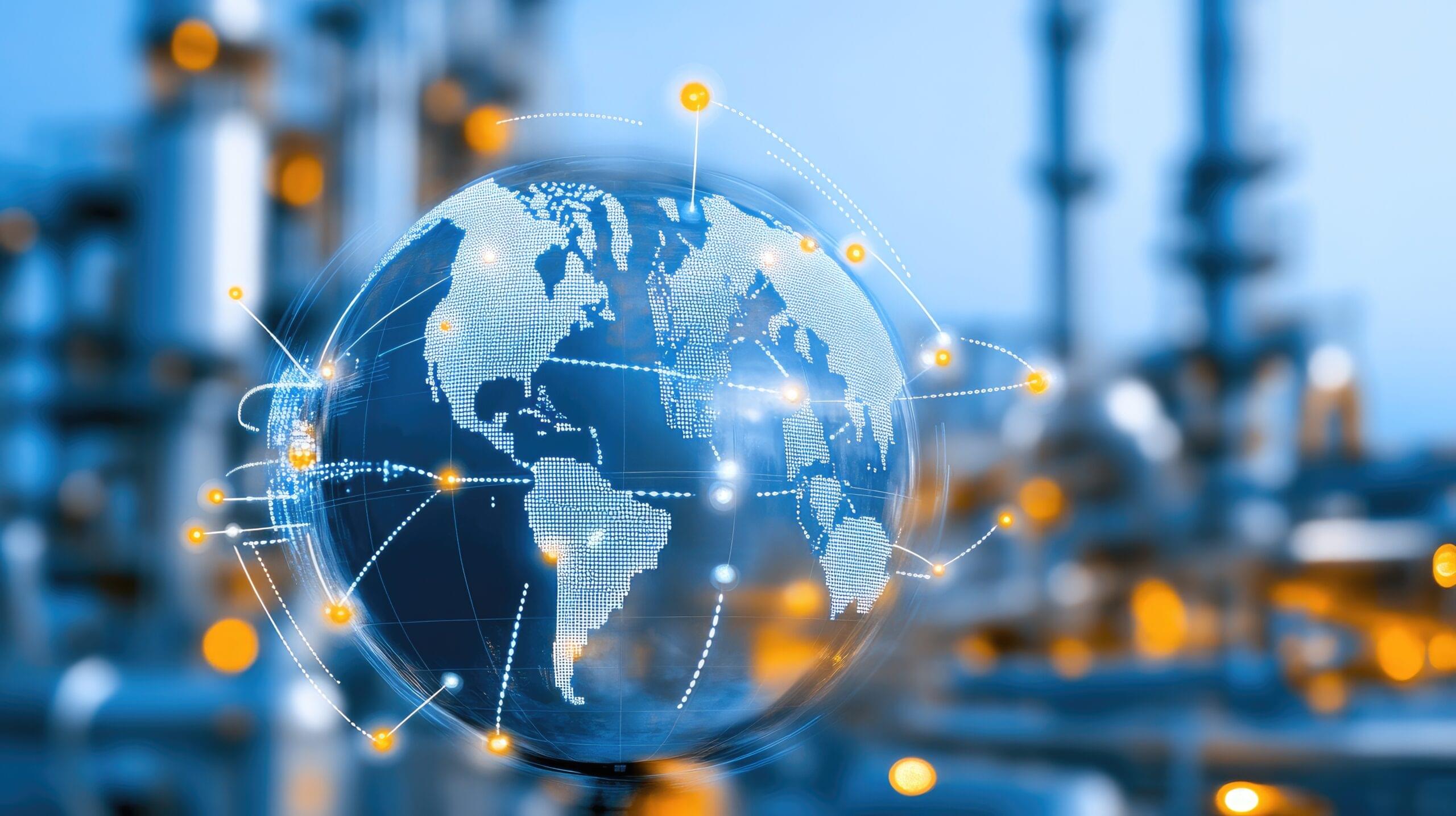 Abstract map of the world with a globe and global network, digital data transfer concept on a blue background with a factory plant in the steel industry for a business design template, vector illustration. Stock photo contest winner, vector art, detailed photo, high-quality stock. --chaos 30 --ar 16:9 --personalize zzlv379 --stylize 500 --v 6.1 Job ID: 1ac34c45-c6d2-425d-941b-d203acd21c88